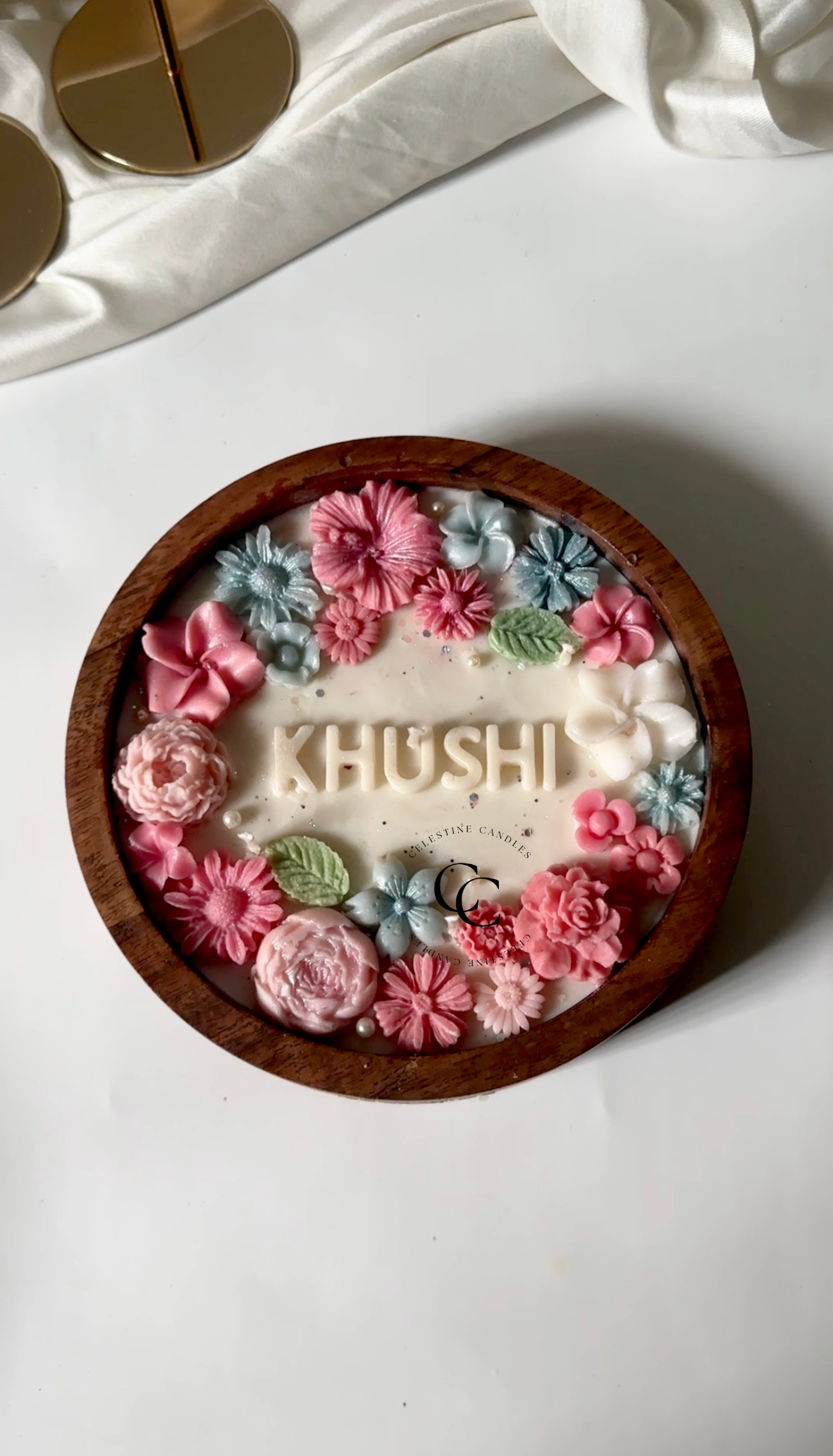 Personalised Wooden Bowl Floral Candle