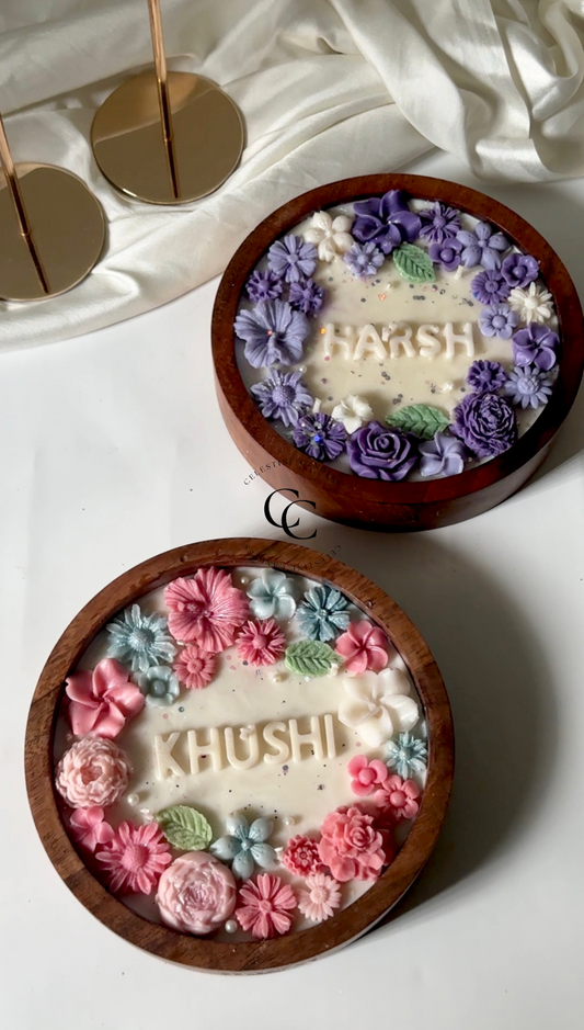 Personalised Wooden Bowl Floral Candle