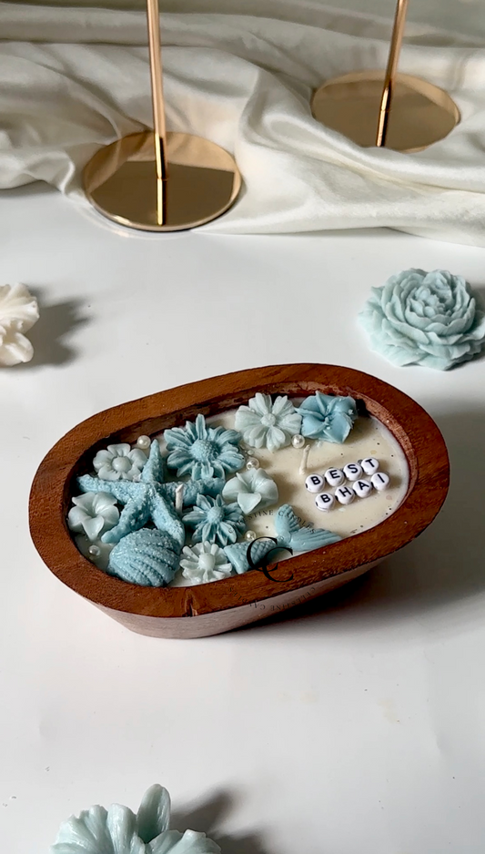 Blue Wooden Personalised Floral Candle
