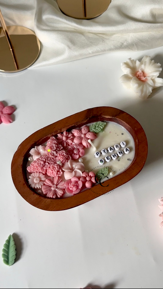 Pink Personalised Wooden Floral Candle